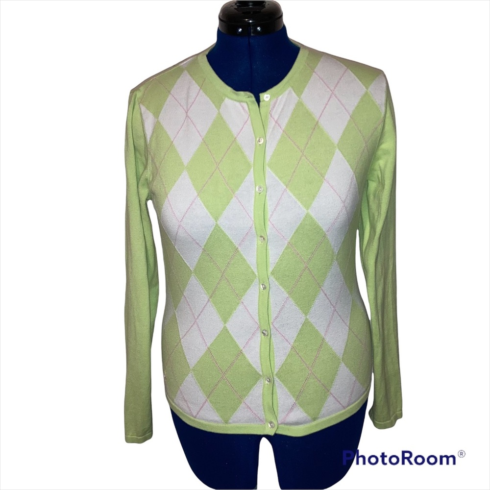 Lilly Pulitzer Green White Pink Argyle Button Cardigan All Cotton Long Sleeved M